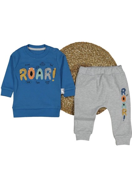 Erkek Bebek Mavi Gri Roar Baskılı 2'li Takım - 1014708