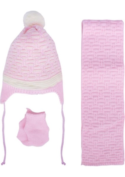 Kız Bebek Pembe Beyaz Karışık Çizgi Desenli Triko Atkı Bere Set - 1012268