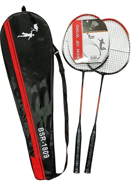 BSR-1809 Tek Parça Çiftli Badminton Raket Seti Çantalı Dayanıklı ve Hafif Alüminyum Kırmızı