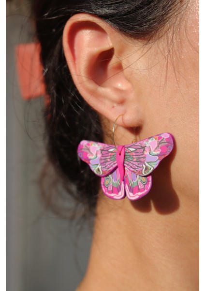 Polimer Kil Halkalı Pembe Kelebek Kadın Küpe El Yapımı Özel Tasarım