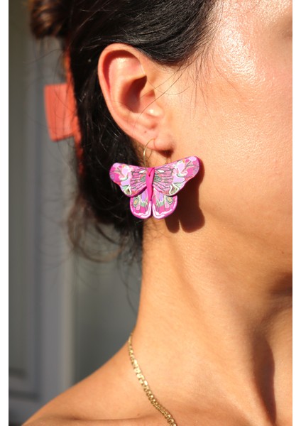 Polimer Kil Halkalı Pembe Kelebek Kadın Küpe El Yapımı Özel Tasarım fiyatları