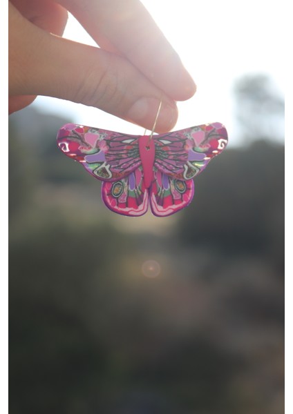 Polimer Kil Halkalı Pembe Kelebek Kadın Küpe El Yapımı Özel Tasarım modelleri