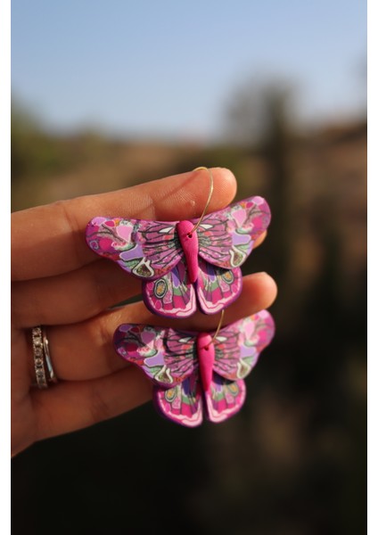 Polimer Kil Halkalı Pembe Kelebek Kadın Küpe El Yapımı Özel Tasarım fırsatları