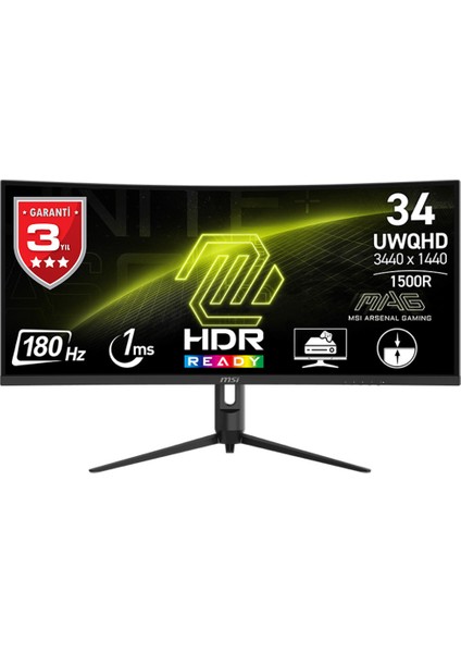 Msı 34 Mag 342CQR E2 3440 x 1440 (Uwqhd) 21:9 Curve 1500R Va 180HZ 1ms (Mprt) Freesync Premıum Gamıng Monıtor