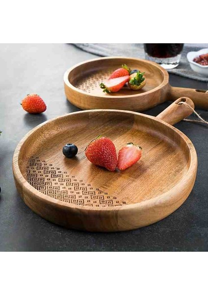 Ahşap Ceviz Yuvarlak Saplı Işlemeli Servis Tabağı