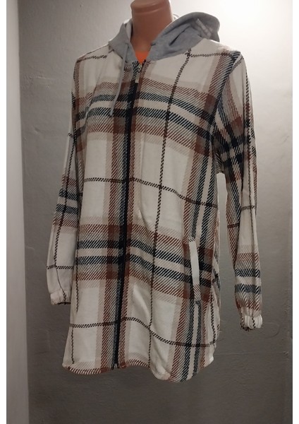 Kadın Ekose Oduncu Kumaş Kapüşonlu Fermuarlı Hırka Gömlek