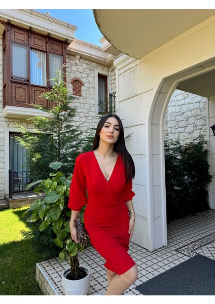 Tuna Kruvaze Yaka Midi Boy Kalem Elbise 58706