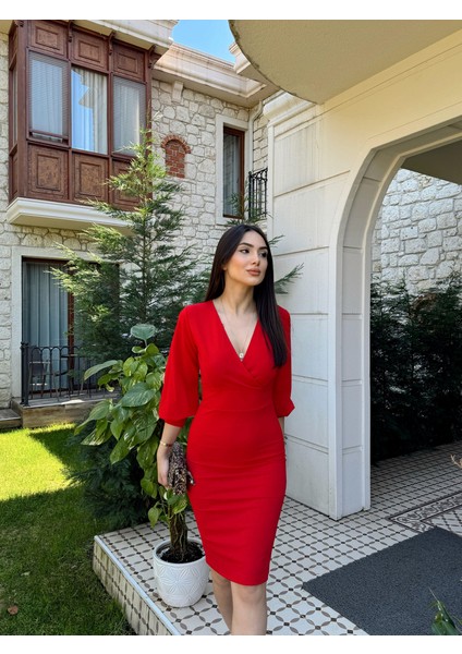 Tuna Kruvaze Yaka Midi Boy Kalem Elbise 58706 fırsatları