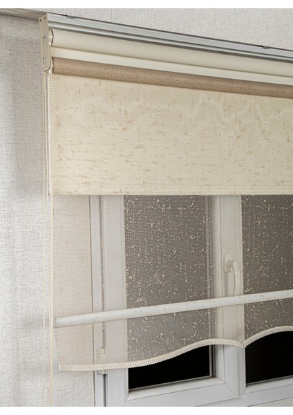 Çift Mekanizmalı Çizgili Kum Beji Tül ve Stor Güneşlik Perdeler