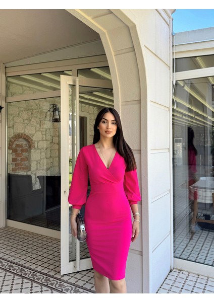 Tuna Kruvaze Yaka Midi Boy Kalem Elbise 58706