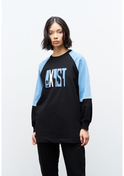 Siyah Kadın Exist Nakış Üzeri Taşlı Kol Denim Detaylı Dar Paça Pamuklu Örme Alt Üst Takım modelleri