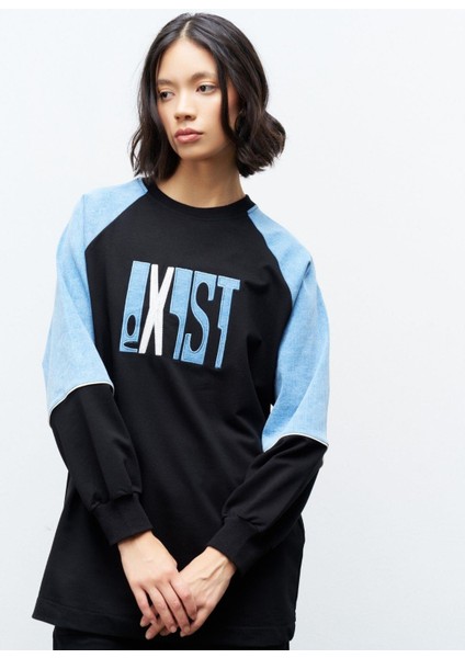 Siyah Kadın Exist Nakış Üzeri Taşlı Kol Denim Detaylı Dar Paça Pamuklu Örme Alt Üst Takım fırsatları