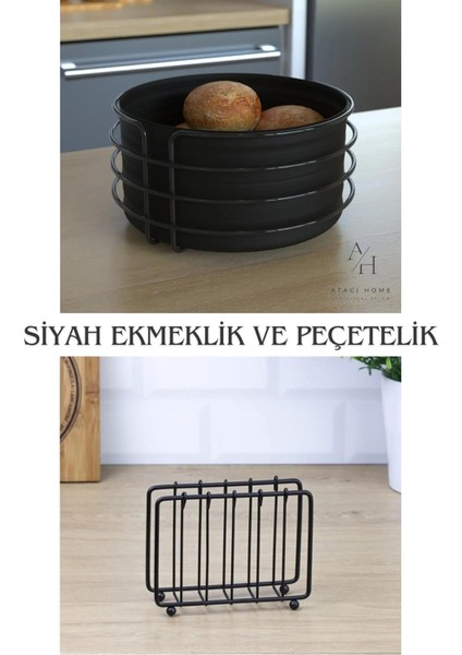 Atacı Lüx Paslanmaz Siyah Ekmek Sepeti ve Peçetelik Ekmeklik 2'li Set