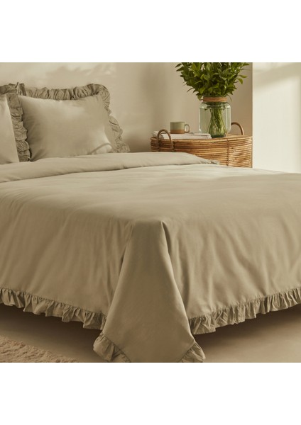 Pure Ruffle %100 Pamuk Çift Kişilik Nevresim Takımı Adaçayı
