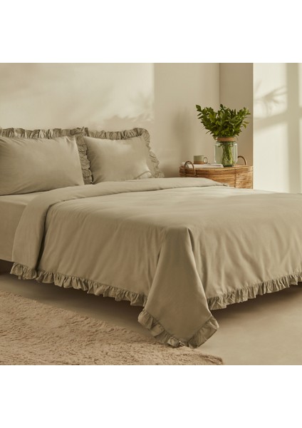 Pure Ruffle %100 Pamuk Çift Kişilik Nevresim Takımı Adaçayı