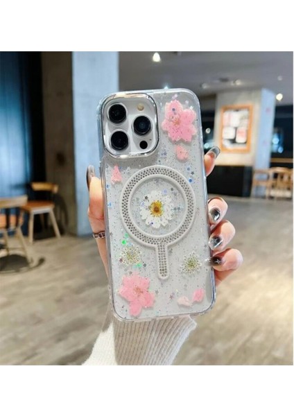 iPhone 15 Pro Flower Magsafe Kapak Yeni Gerçek Çiçek Tasarımlı Kılıf