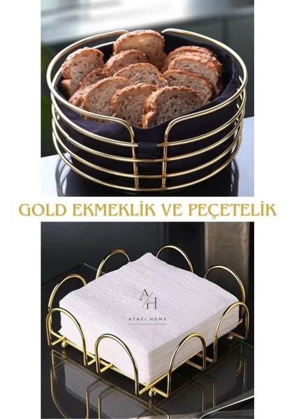 Atacı Lüx Paslanmaz Gold Altın Ekmek Sepeti ve Peçetelik Ekmeklik 2'li Set