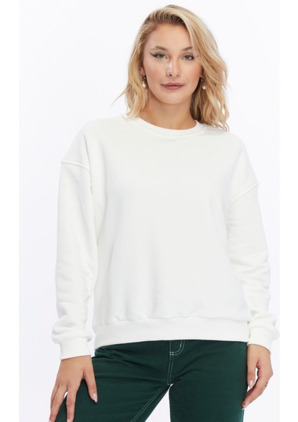 Kadife True Self Love Desenli Ekru Yumuşak Dokulu Regular Fit Bisiklet Yaka Kadın Sweatshirt