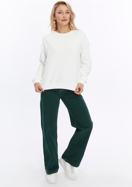 Kadife True Self Love Desenli Ekru Yumuşak Dokulu Regular Fit Bisiklet Yaka Kadın Sweatshirt