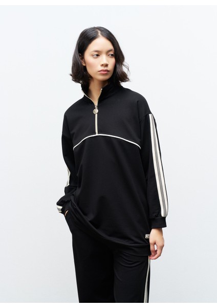 Siyah Kadın Dik Yaka Yarım Fermuarlı Etiket Detaylı Sweatshirt ve Rahat Kesim Şerit Detaylı Pantolon Pamuklu Örme Alt Üst Takım fiyatları