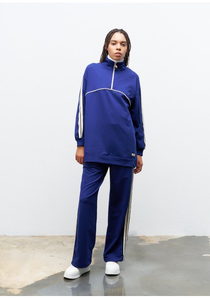 Lacivert Kadın Dik Yaka Yarım Fermuarlı Etiket Detaylı Sweatshirt ve Rahat Kesim Şerit Detaylı Pantolon Pamuklu Örme Alt Üst Takım fiyatları