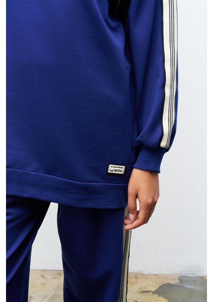 Lacivert Kadın Dik Yaka Yarım Fermuarlı Etiket Detaylı Sweatshirt ve Rahat Kesim Şerit Detaylı Pantolon Pamuklu Örme Alt Üst Takım fırsatları