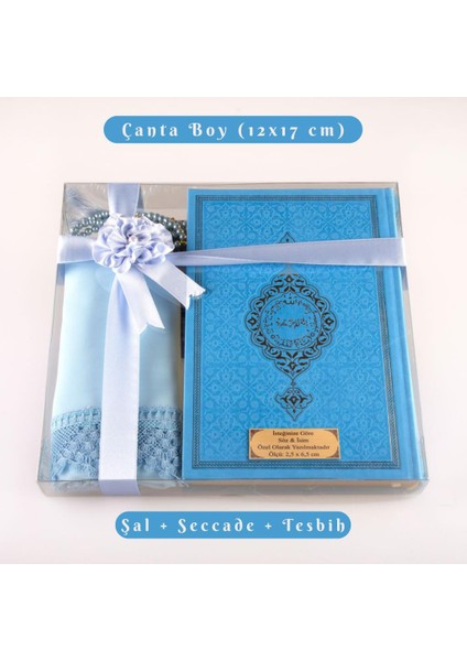 Şal + Tesbih + Kuran Hediye Seti (Çanta Boy, Termo Deri, Açık Mavi)