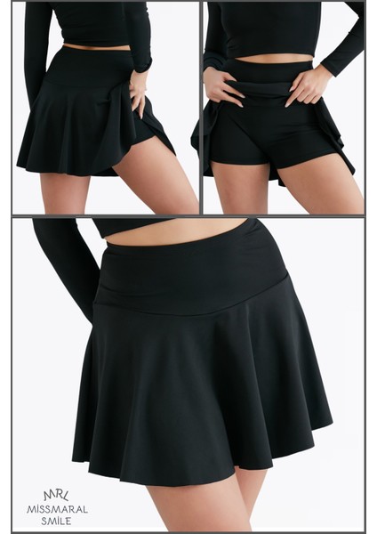 Siyah Zamansız  Etek Içi Sabit Şortlu Yüksek Bel  Skirt With Shorts Casual+Beachwear+Tennis 1101