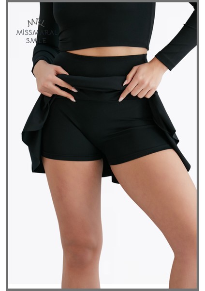 Siyah Zamansız  Etek Içi Sabit Şortlu Yüksek Bel  Skirt With Shorts Casual+Beachwear+Tennis 1101