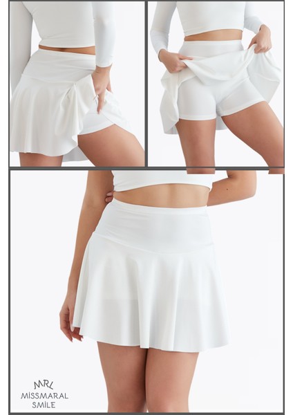 Beyaz / Ekru Etek Içi Sabit Şortlu Yüksek Bel  Skirt With Shorts Casual+Beachwear+Tennis 1101