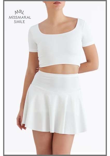 Beyaz / Ekru Etek Içi Sabit Şortlu Yüksek Bel  Skirt With Shorts Casual+Beachwear+Tennis 1101