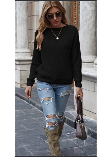 Kadın Uzun Kollu Bisiklet Yaka Kol Ağzı ve Etek Ucu Manşet Detay Triko Kazak fiyatları