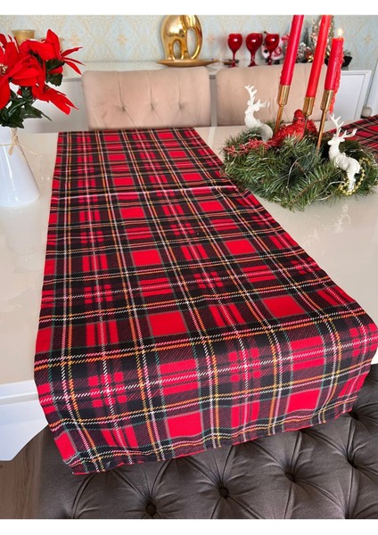 Yeniyıl Kırmızı Ekoseli Siyah Runner 1 Adet Noel Christmas Ranır Sofra Winter Newyear Kareli