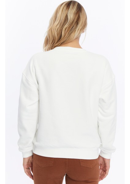 Kadife Be Yourself Desenli Ekru Yumuşak Dokulu Regular Fit Bisiklet Yaka Kadın Sweatshirt