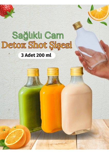 3'lü Sızdırmaz Gold Metal Kapaklı Detox Shot Çok Amaçlı Cold Brew Yassı Şişe Seti