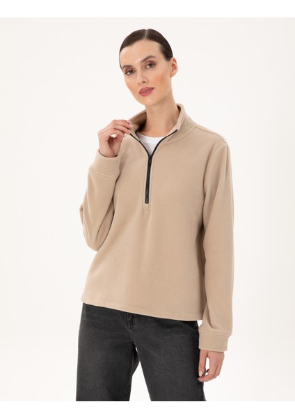 Kadın Bej Oversize Polar Sweatshirt 50300846-VR011