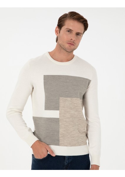 Erkek Ekru Slim Fit Bisiklet Yaka Triko Kazak 50300541-VR019 modelleri