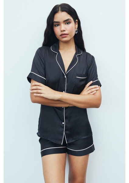 Amoureux Saten Siyah Kısa Pijama Takımı