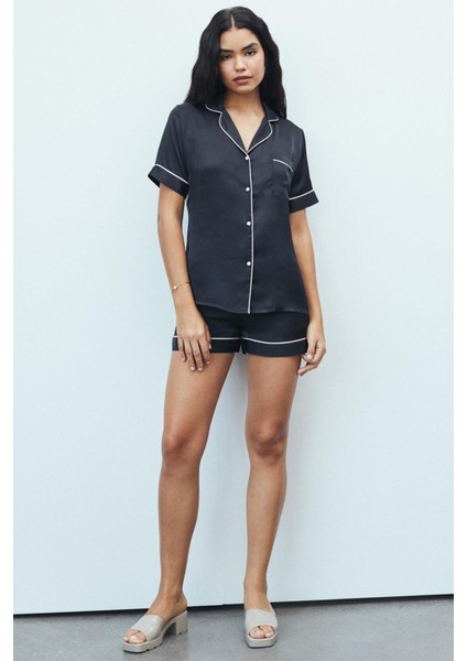Amoureux Saten Siyah Kısa Pijama Takımı