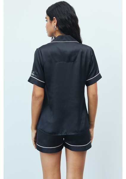 Amoureux Saten Siyah Kısa Pijama Takımı