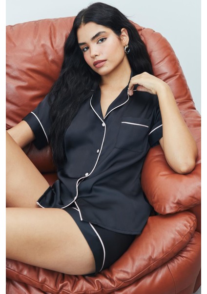 Amoureux Saten Siyah Kısa Pijama Takımı