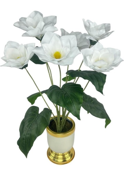 Yapay Çiçek Islak Manolya Çiçeği 6 Çiçekli 65CM Gold Krem Darbuka Galvaniz Vazoda Salon Çiçeği