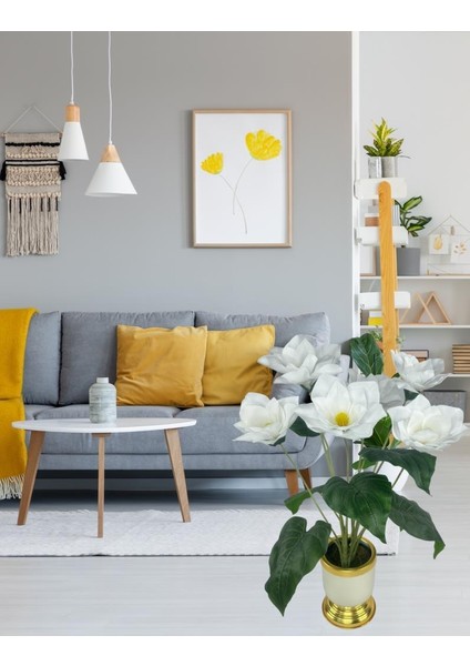 Yapay Çiçek Islak Manolya Çiçeği 6 Çiçekli 65CM Gold Krem Darbuka Galvaniz Vazoda Salon Çiçeği fiyatları