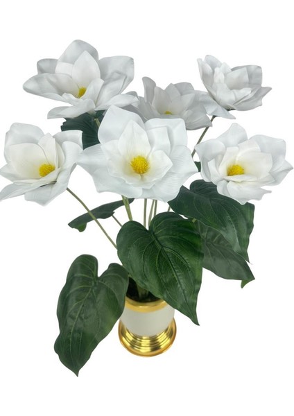 Yapay Çiçek Islak Manolya Çiçeği 6 Çiçekli 65CM Gold Krem Darbuka Galvaniz Vazoda Salon Çiçeği modelleri