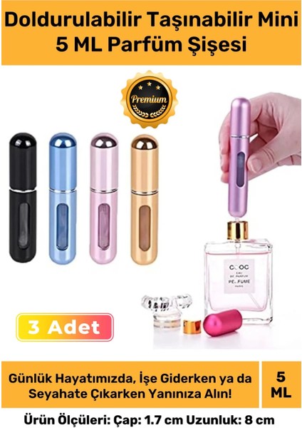 Özel Parfüm Şişesinden Doldurulabilir Taşınabilir Çanta Içi Mini Cep Parfüm Şişesi 5 ml x 3 Adet