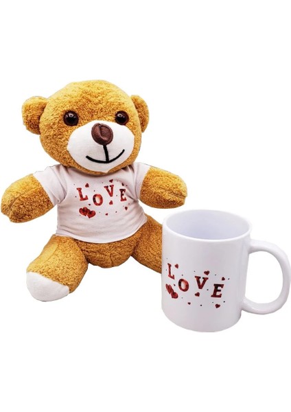 Love Baskılı Kahverengi Ayıcık ve Kupa Seti