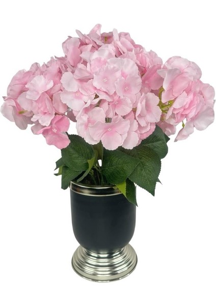 Yapay Çiçek Pembe Ortanca Aranjmanı Siyah Gümüş Vazolu Masa Üstü Çiçeği Arajman