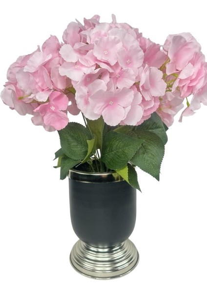 Yapay Çiçek Pembe Ortanca Aranjmanı Siyah Gümüş Vazolu Masa Üstü Çiçeği Arajman modelleri