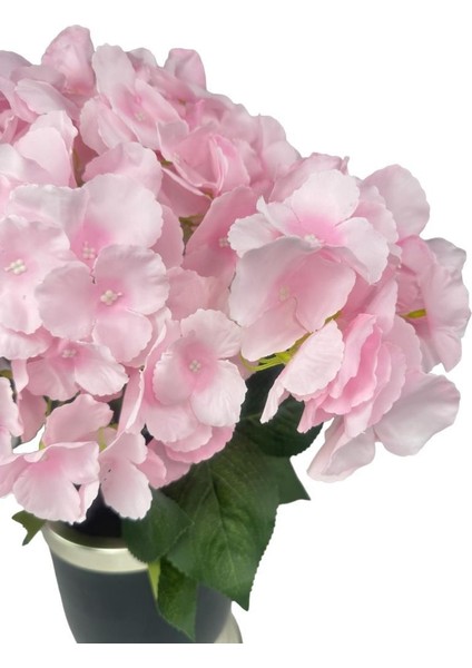 Yapay Çiçek Pembe Ortanca Aranjmanı Siyah Gümüş Vazolu Masa Üstü Çiçeği Arajman fırsatları