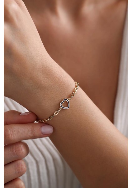 14 Ayar Altın Ataç Zincirli Mineli Kalp Bileklik